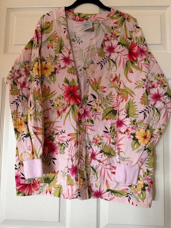 SCRUBS Jackets & Blazers - SCRUBS Womens Floral Button-Up Scrub Jacket Pink Tropical Print Size M 100% Cott